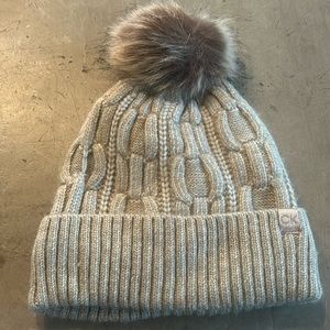 NWOT Calvin Klein Heathered Tan Winter Hat with Faux Fur pompom
